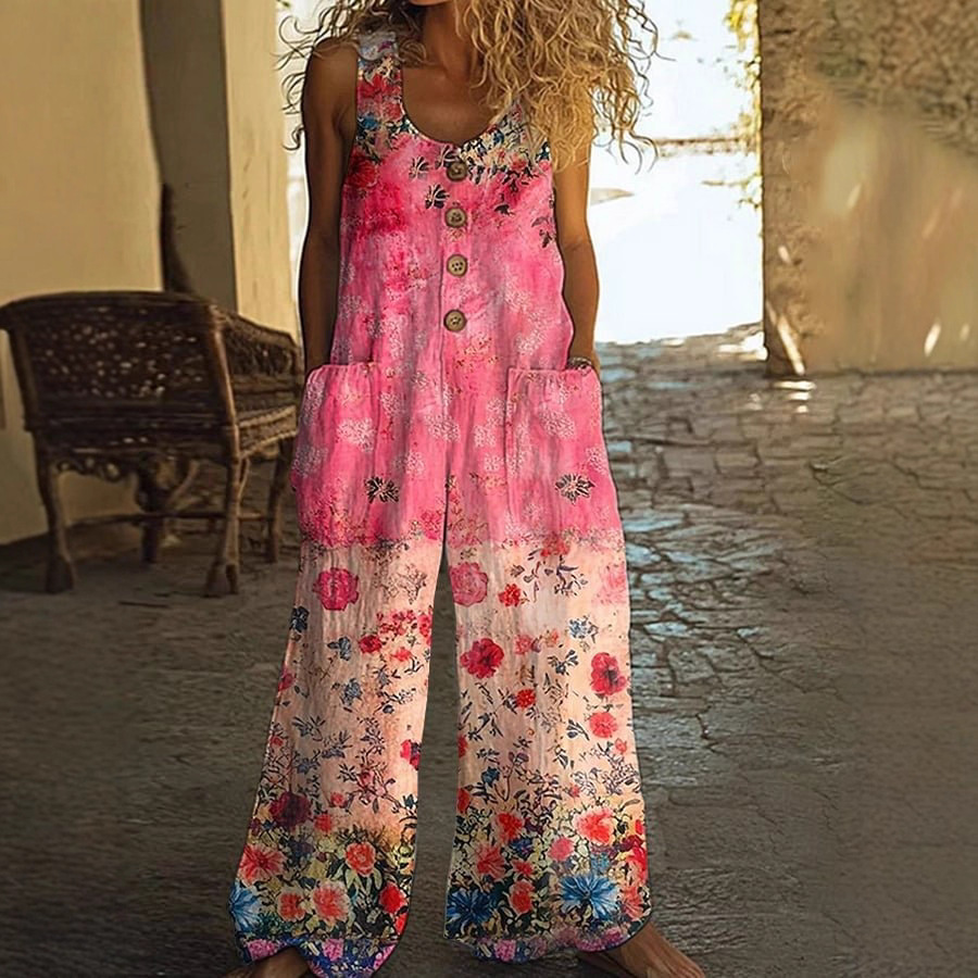 3D Floral Print Sleeveless Jumpsuit with Pockets
