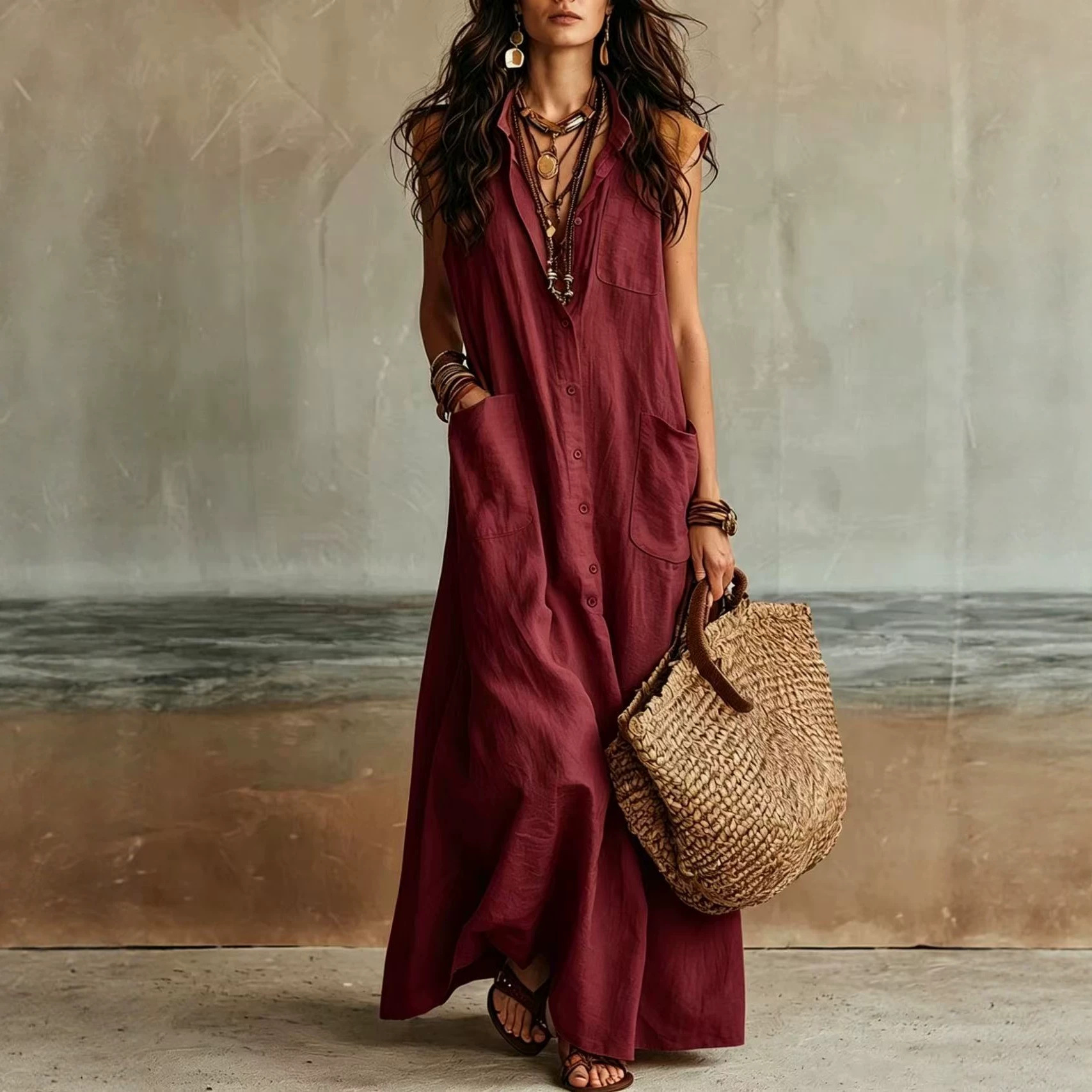 Off-Shoulder Boho V-Neck Shirt Dress Loose Long