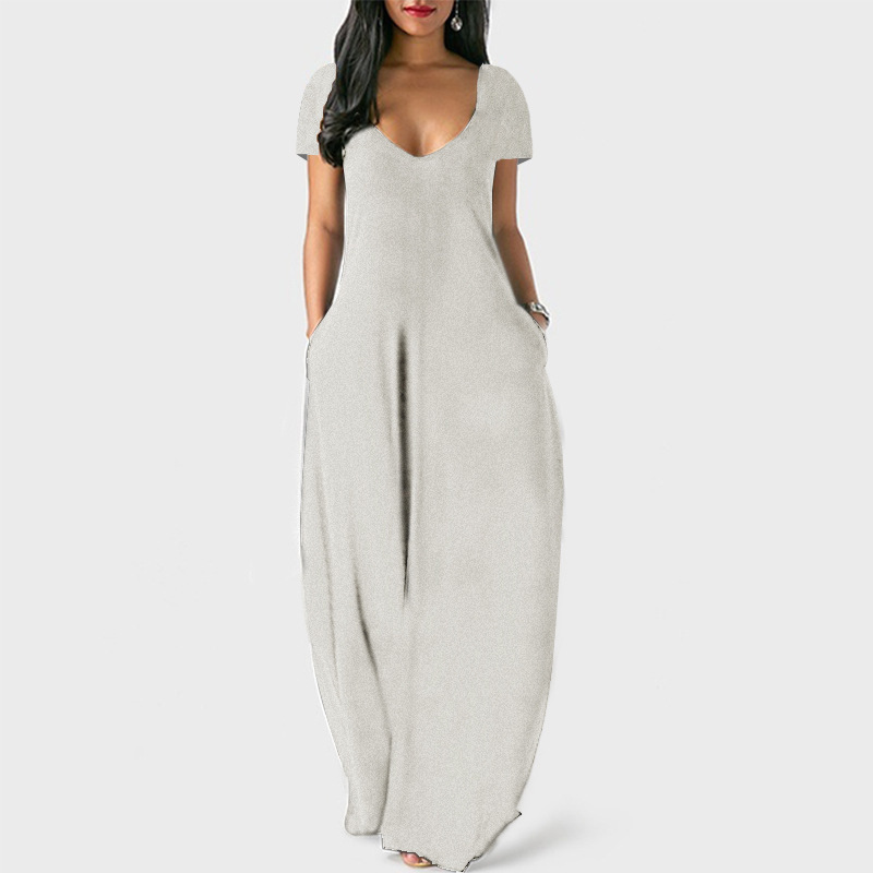 Plus Size Solid Deep V-Neck Short Sleeve Long Dress