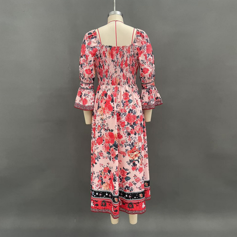 Floral Print Bell Sleeve V-Neck Long Dress