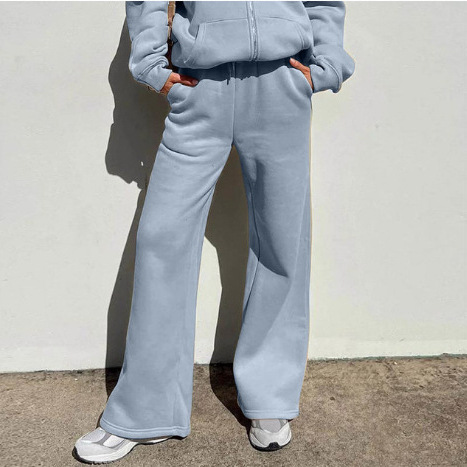 Women's Casual Hooded Tracksuit Set Solid Color Loose Zip Hoodie and Jogger Pants