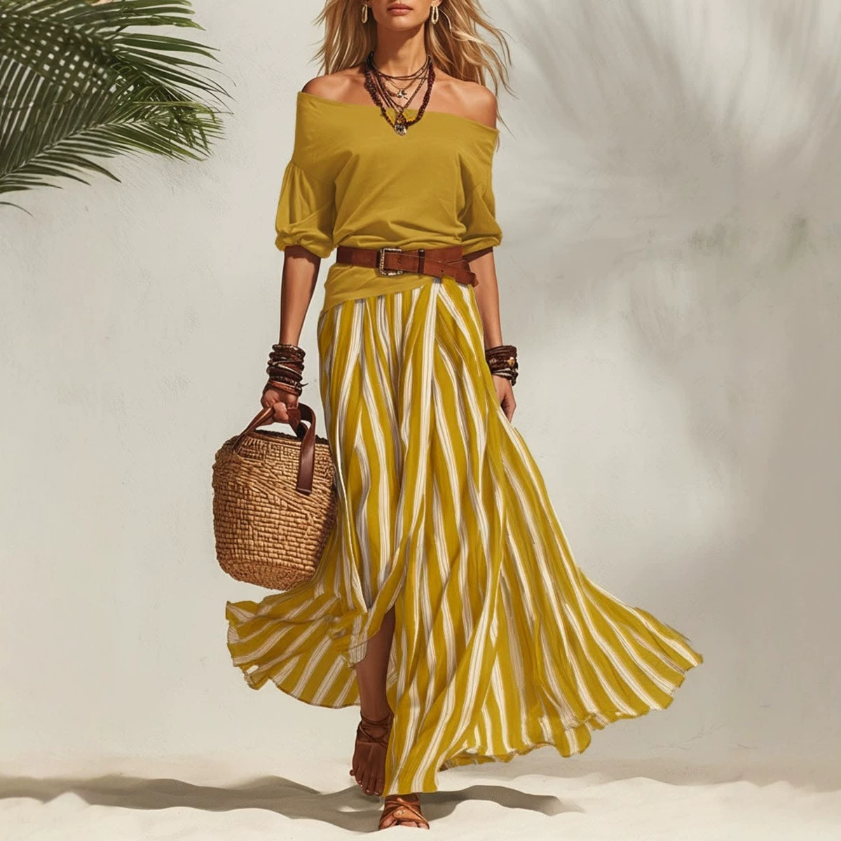 Off-Shoulder Top and Slit Skirt Women's Set – Nautical Vacation Style, Colorblock Geometric Print