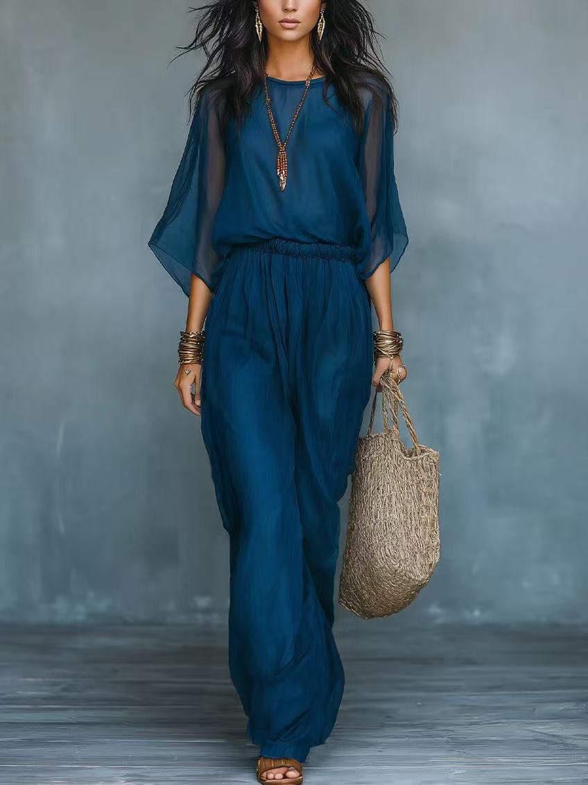 Boho Lightweight Batwing Sleeve Top & High-Waist Wide-Leg Pants Set