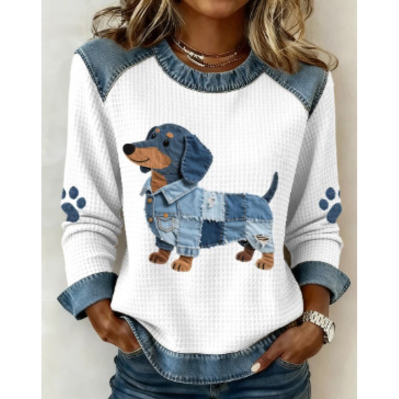 3D Print Colorblock Denim Collar Pullover Sweatshirt Women's Long Sleeve Loose Fit