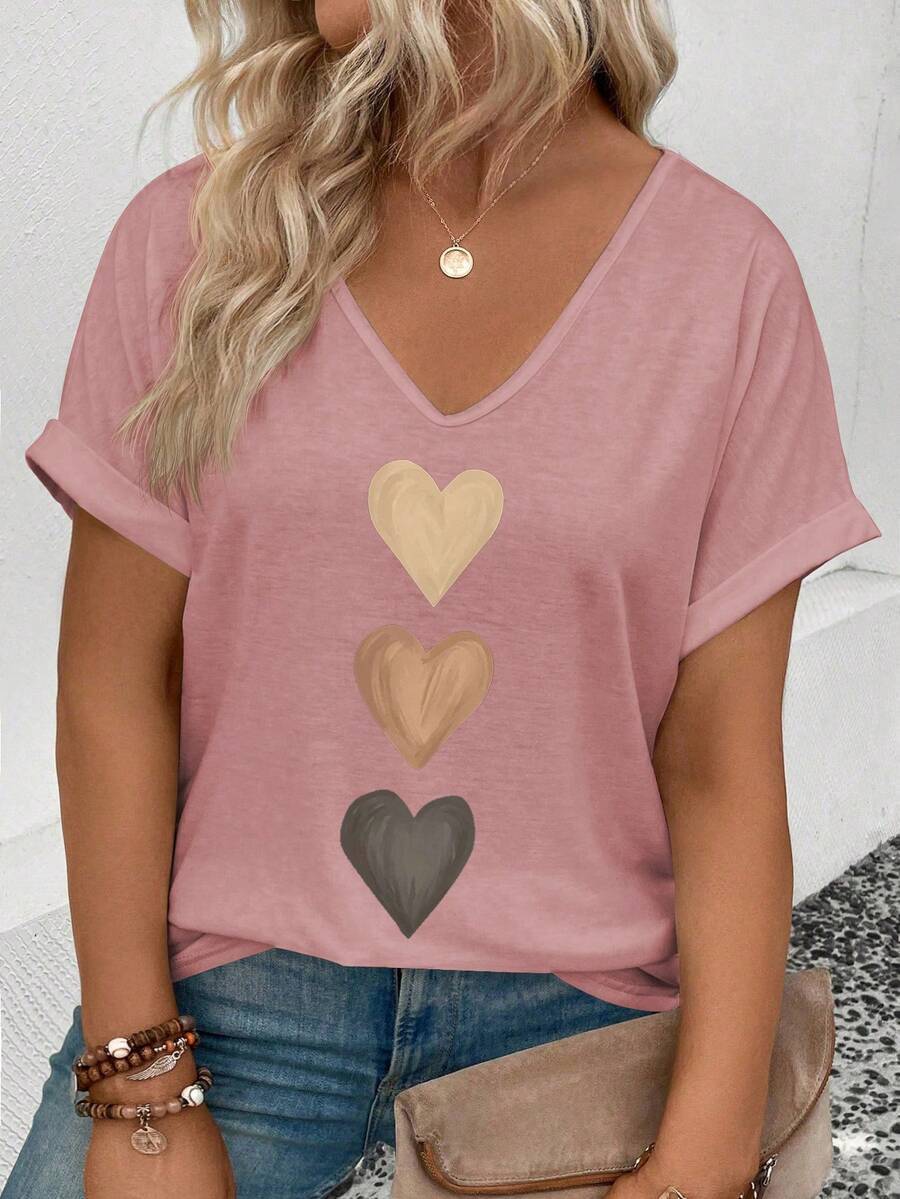 Gradient Heart Print V-Neck Short Sleeve Loose Women's Top