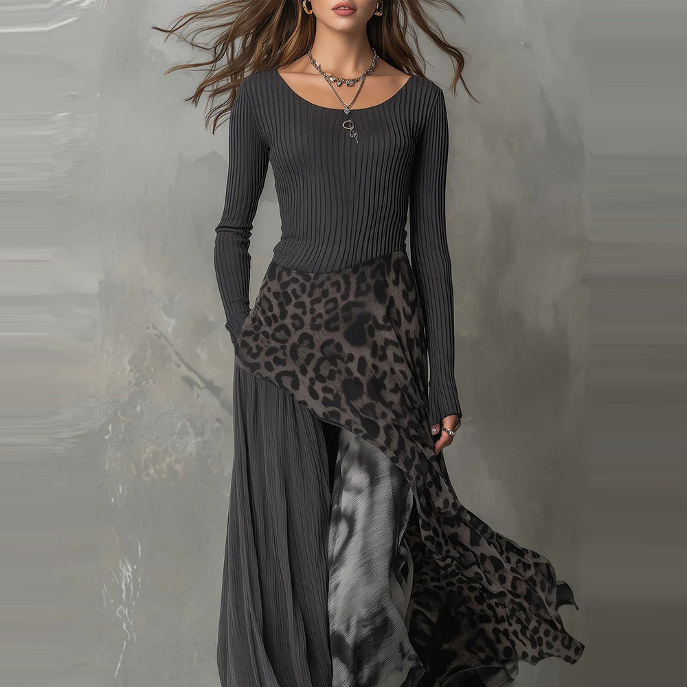 Leopard Print High Waist Long Sleeve Maxi Dress