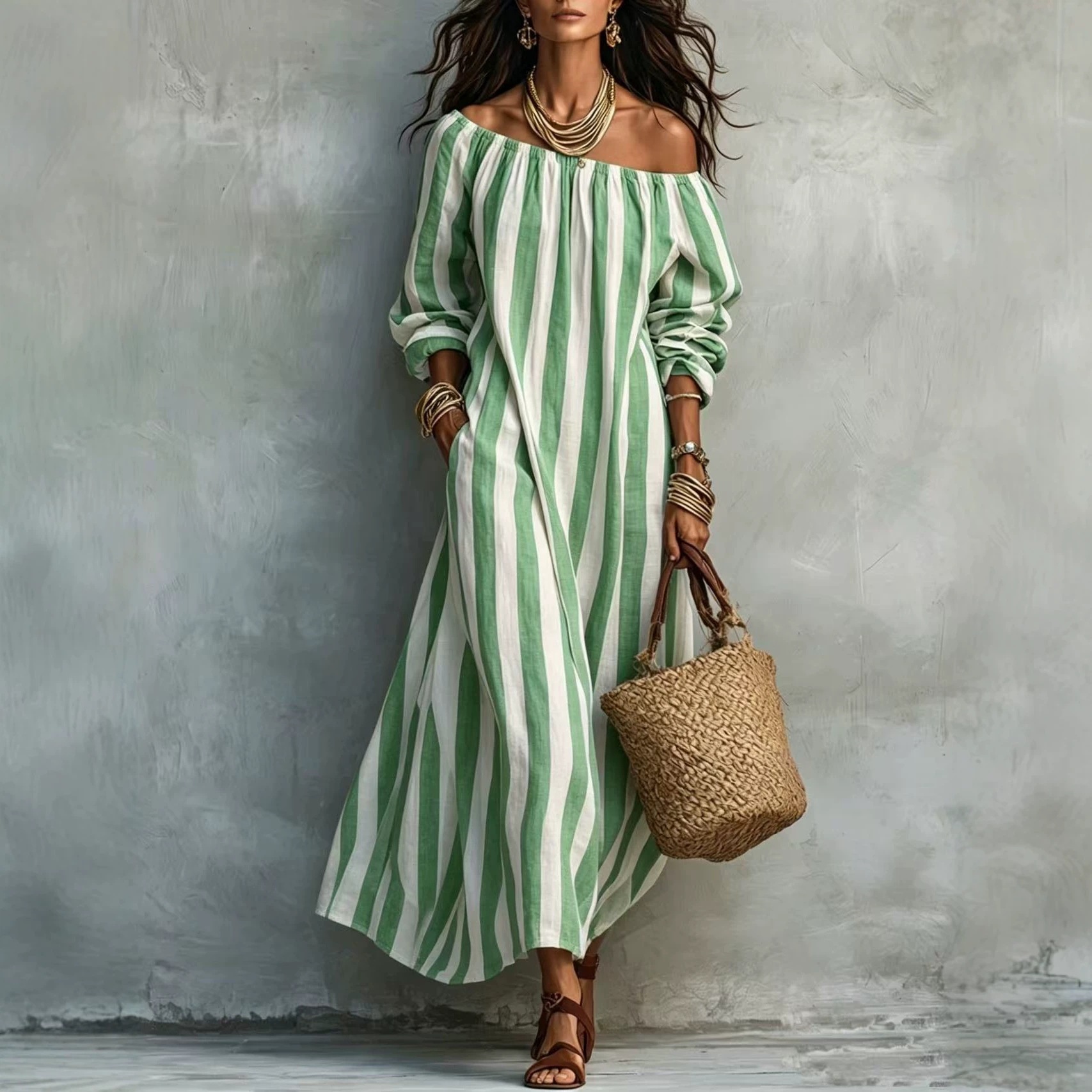 Striped Off-Shoulder Long-Sleeve Maxi Dress