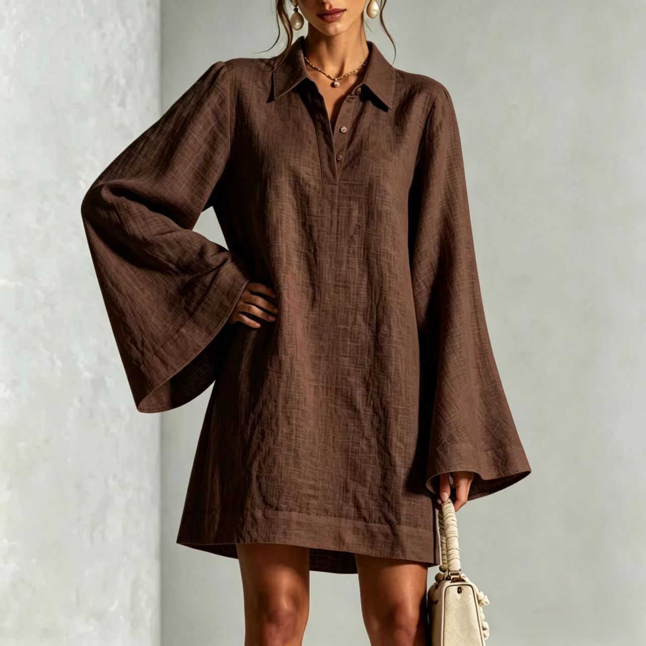 Women's Solid Color Flare Sleeve Dress with Lapel Collar, Loose Casual Midi