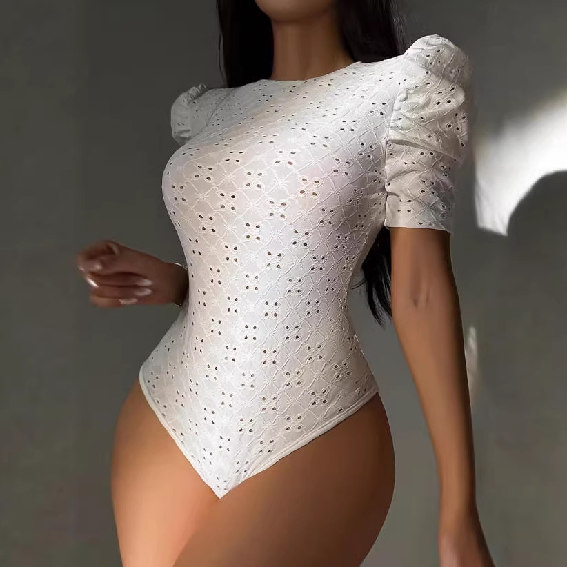 Women's Hollow Embroidered Jacquard Solid Color Bodysuit Beach Resort Top