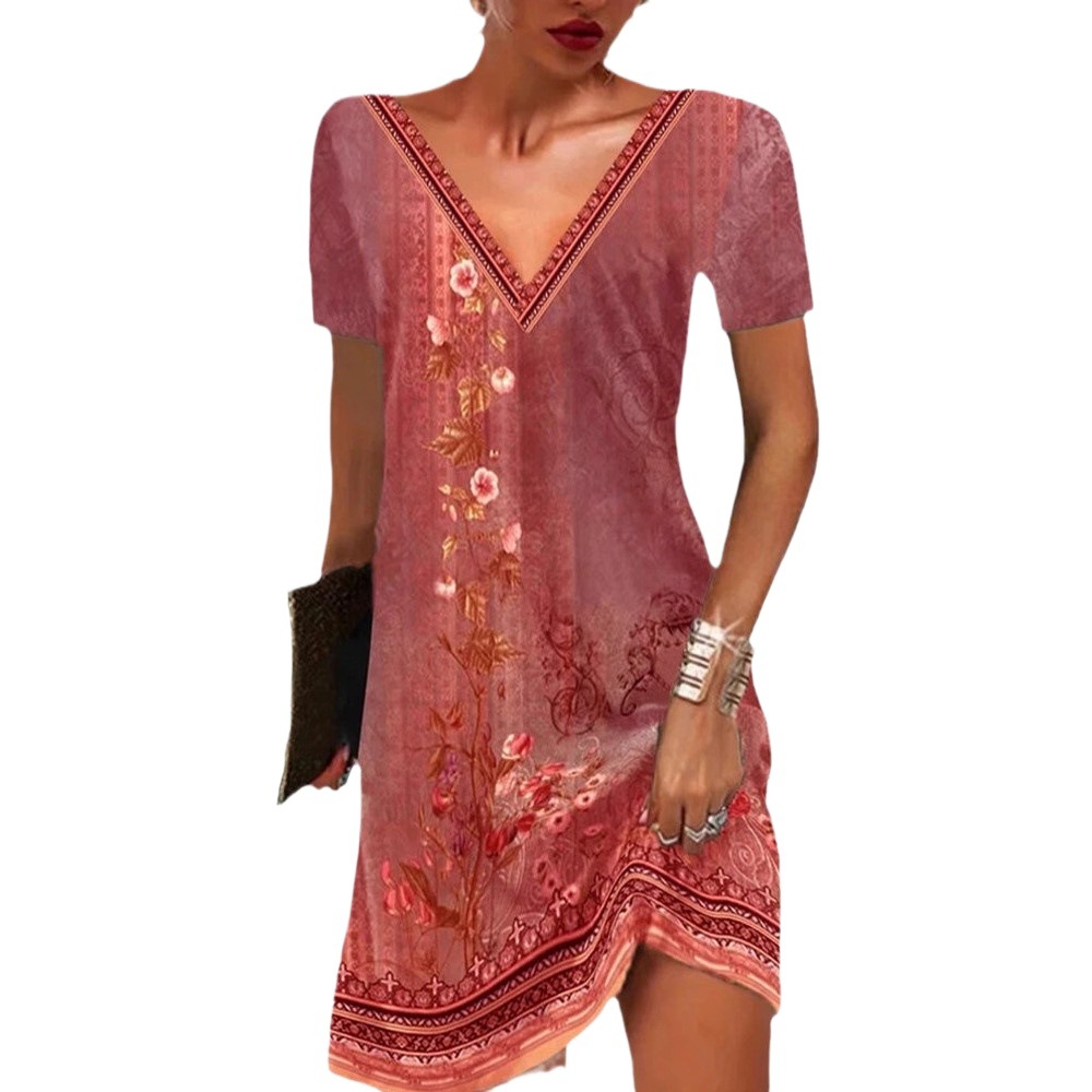 Ethnic Floral Print V-Neck Short Sleeve A-Line Midi Dress