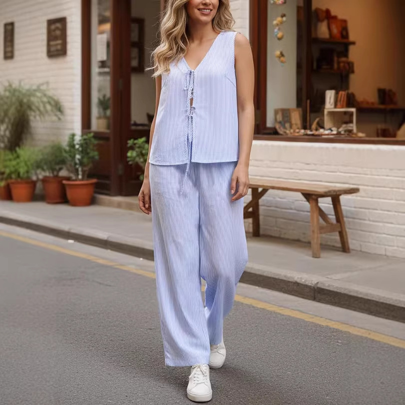 Striped Tie-Front Top & Wide-Leg Pants Two-Piece Set