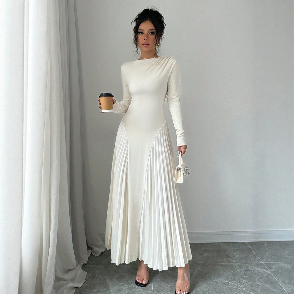Long Sleeve Pleated Knit Maxi Dress Elegant