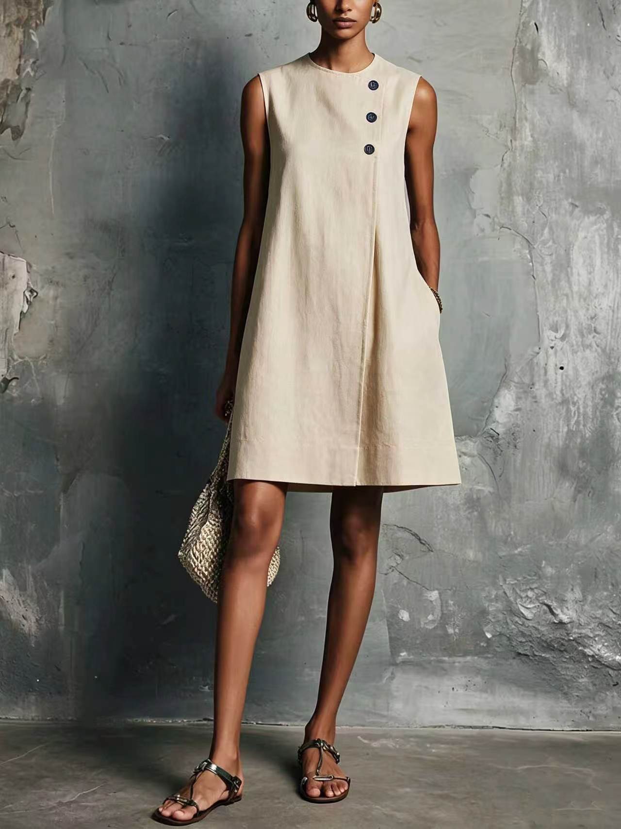 Minimalist Crewneck Sleeveless Dress with Asymmetric Buttons and Side Pockets