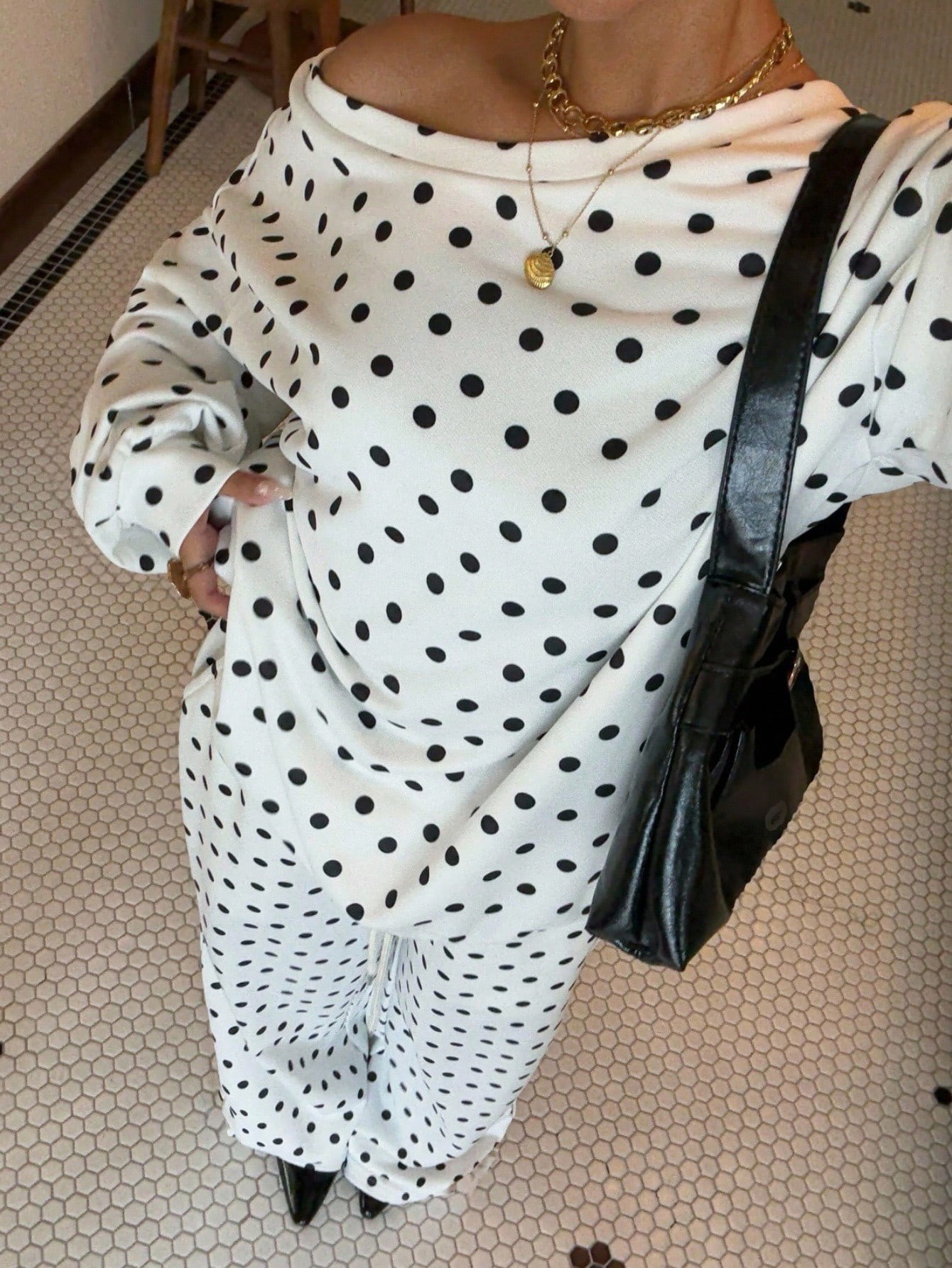 Women's Polka Dot Print One-Shoulder Long Sleeve Drawstring Pants Casual Two-Piece Set