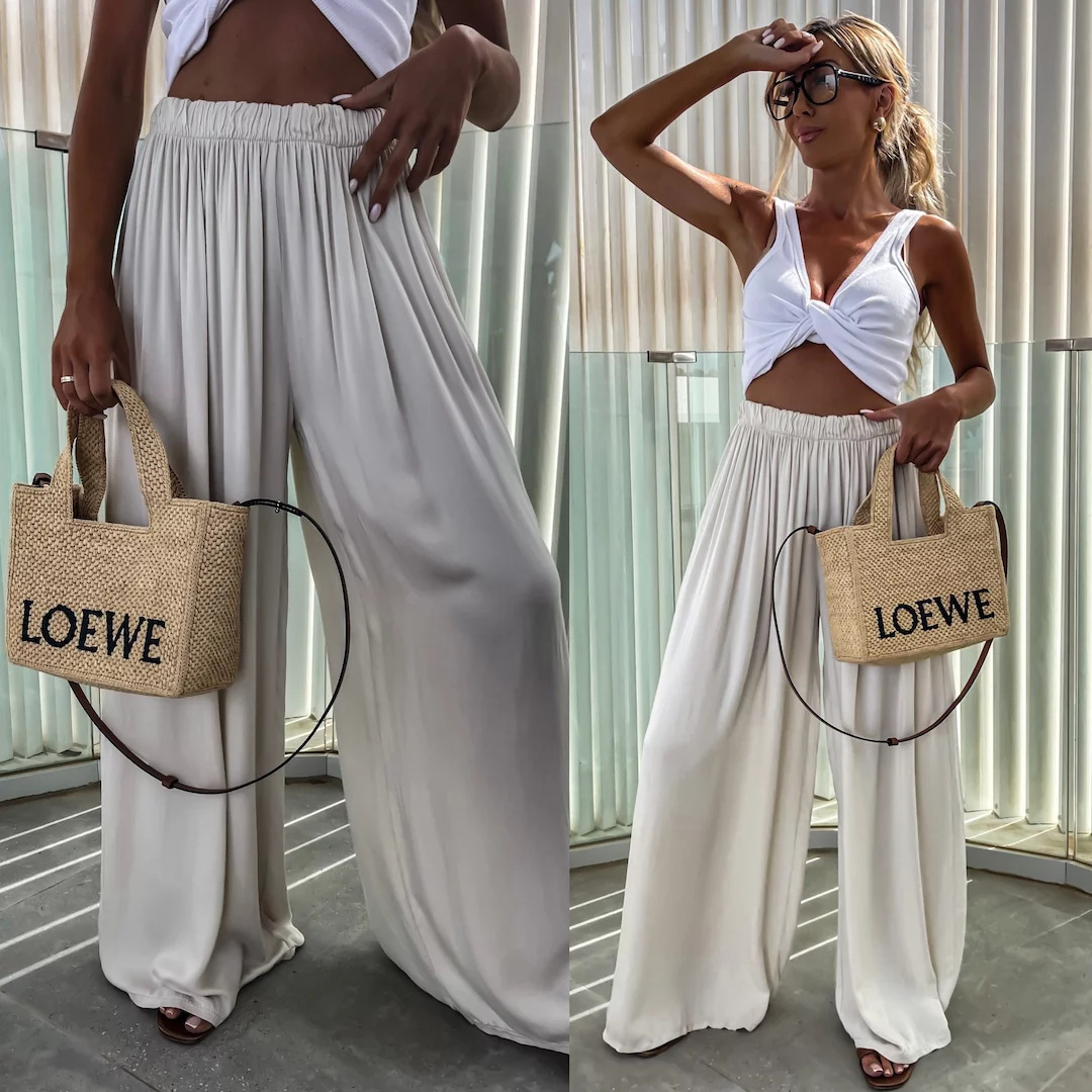 Women's High-Waist Wide-Leg Pants Solid Color Loose Flowy