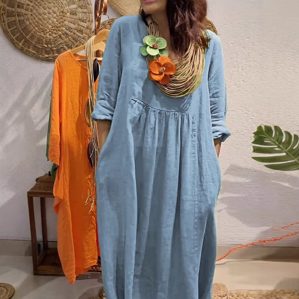 Women's V-Neck Cotton-Linen Casual Dress Solid Color A-Line Midi