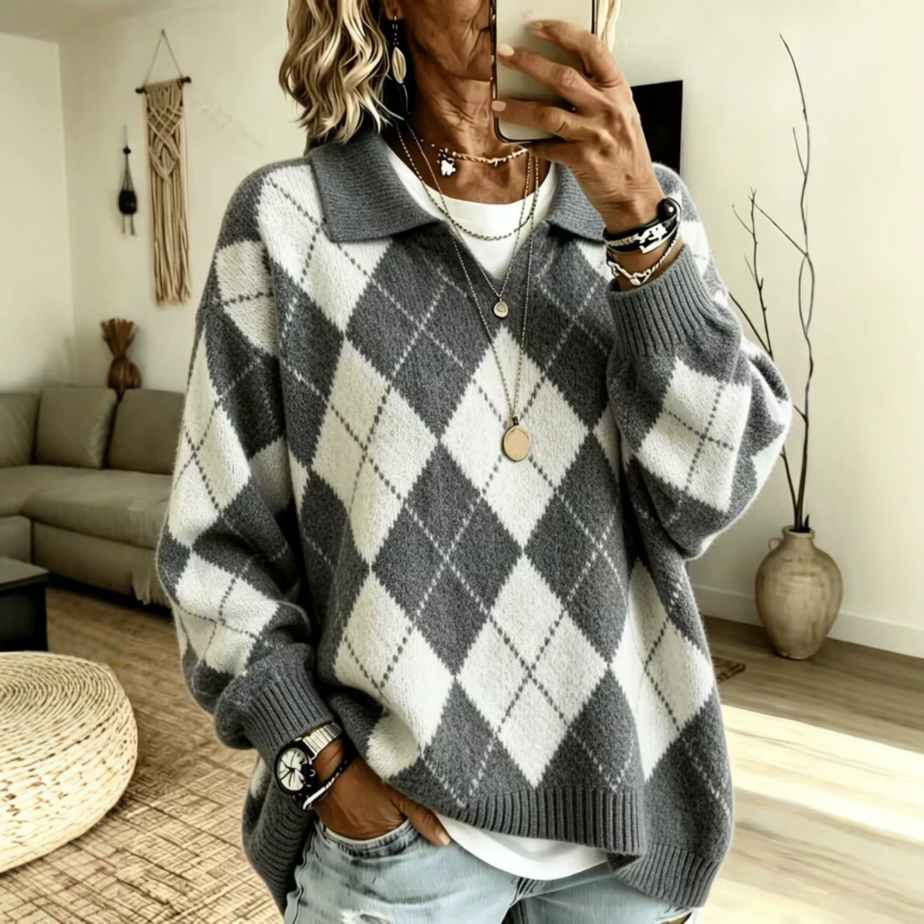 Diamond Plaid V-Neck Collared Knit Sweater
