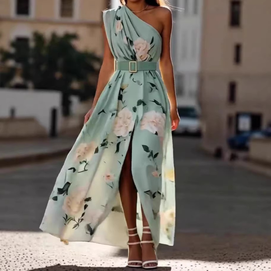 One-Shoulder Digital Print Sleeveless Maxi Dress with Belt