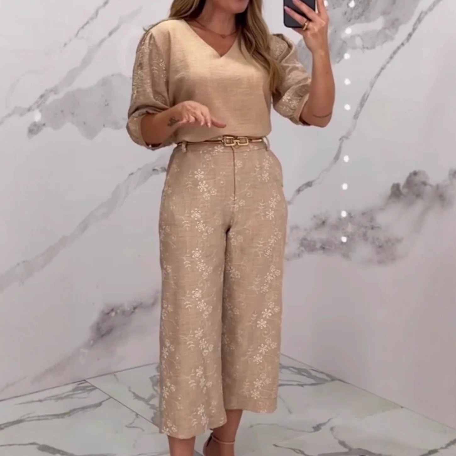 V-Neck Half-Sleeve Top and Pants Two-Piece Set