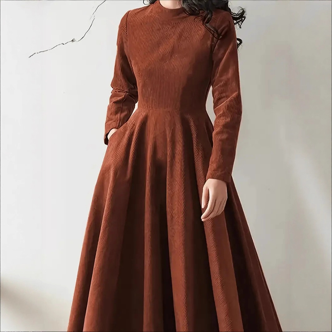 Elegant Corduroy Long Sleeve A-Line Maxi Dress with Zip and High Waist