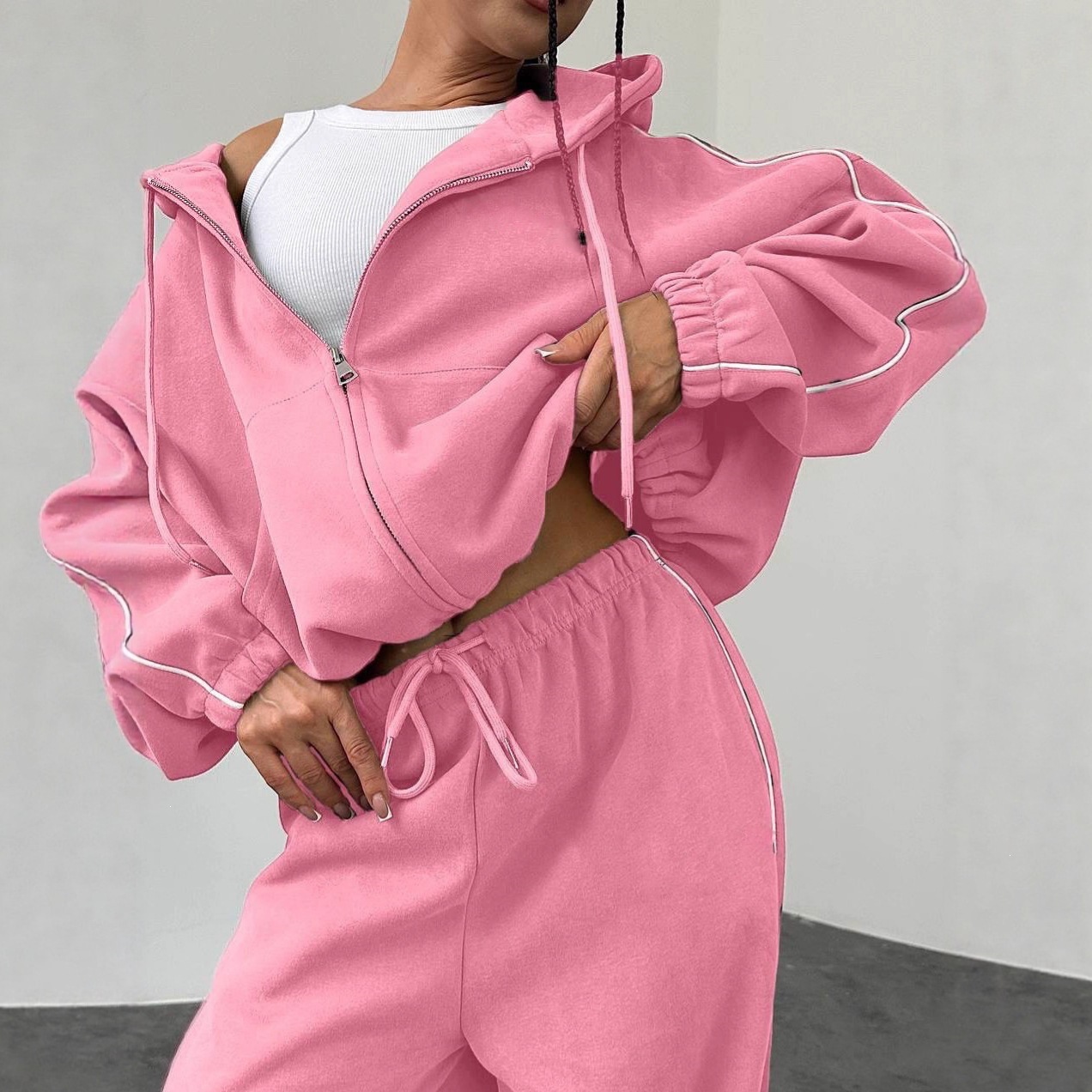 Women's Hooded Lace-Up Cardigan and Elastic Waist Pants Two-Piece Set