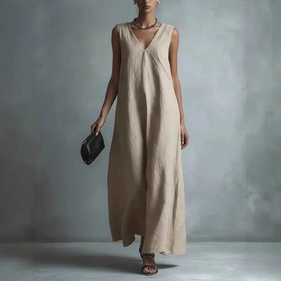 Women's V-Neck Sleeveless Cotton Linen Dress Casual A-Line Midi