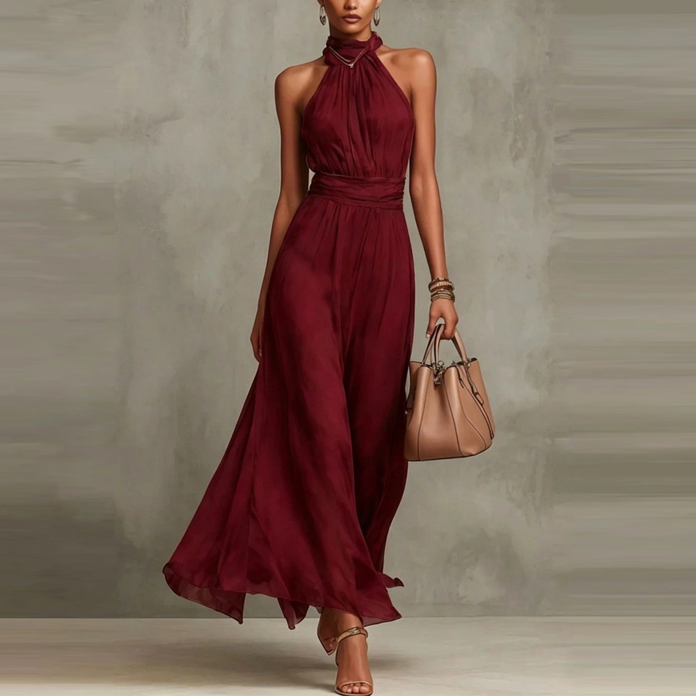 Women's Sleeveless Halter Neck Ruched Waist A-Line Long Dress