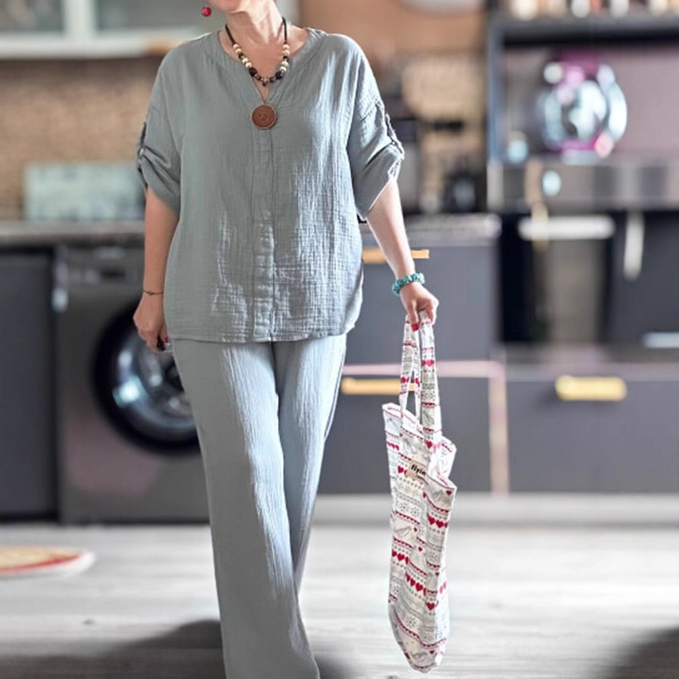 Cotton-Linen Two-Piece Set with Mid-Sleeve Top and Wide-Leg Pants