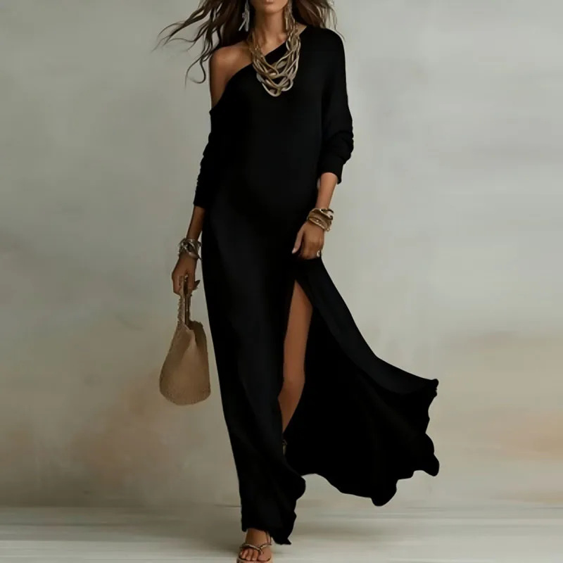 Women's Summer French Casual Slim Fit Solid One-Shoulder Slit Dress