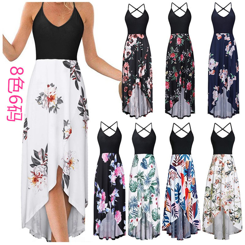V-Neck Sleeveless Open-Back Colorblock Floral Print Maxi Dress