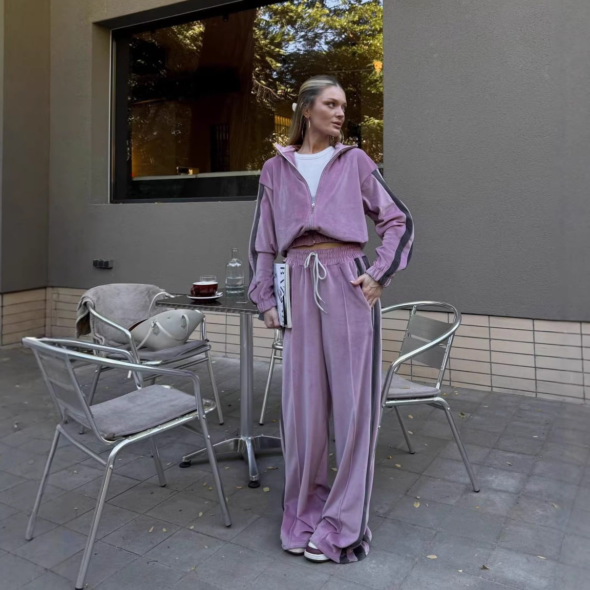 Striped Velvet Stand-Collar Long-Sleeve Top & Wide-Leg Pants 2-Piece Set