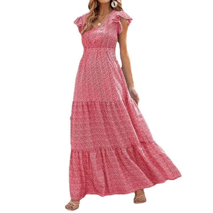 Bohemian V-Neck High-Waist Floral Print Maxi Dress with Ruffle Sleeves
