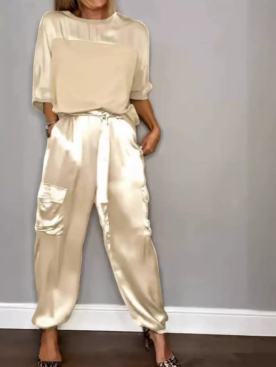 Women's Satin Half-Sleeve Top and Pants Two-Piece Set