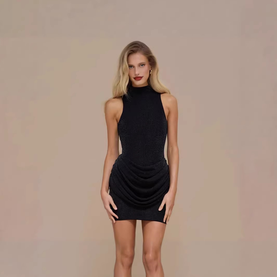 Women's Sleeveless Mock Neck Glitter Bodycon Mini Dress