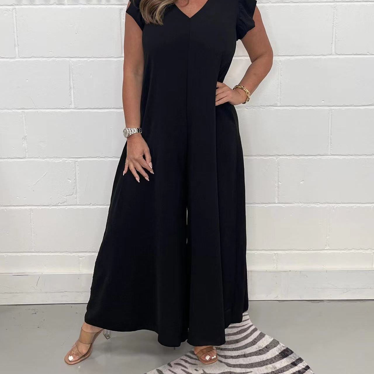Women's Tie-Waist Ruffle Wide-Leg Jumpsuit Solid Casual