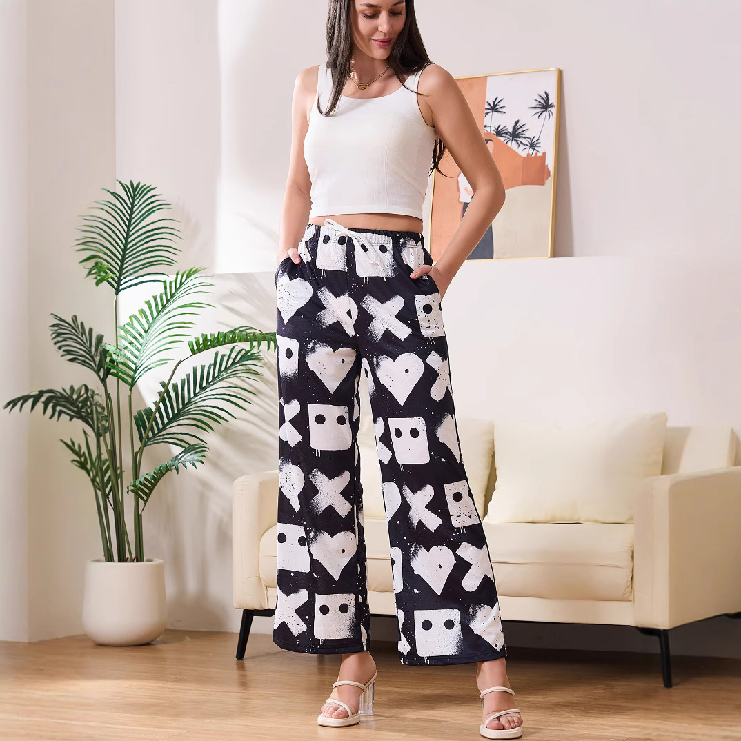 Women's Lightweight Printed Wide-Leg Lounge Pants with Elastic Waist