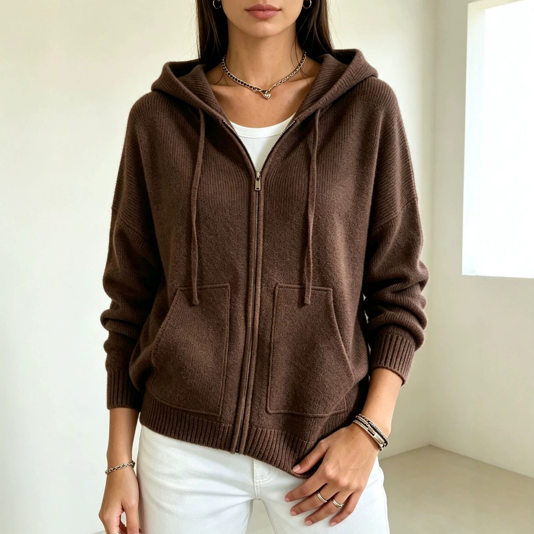 Women's Solid Hooded Zip-Up Knit Cardigan Loose Fit