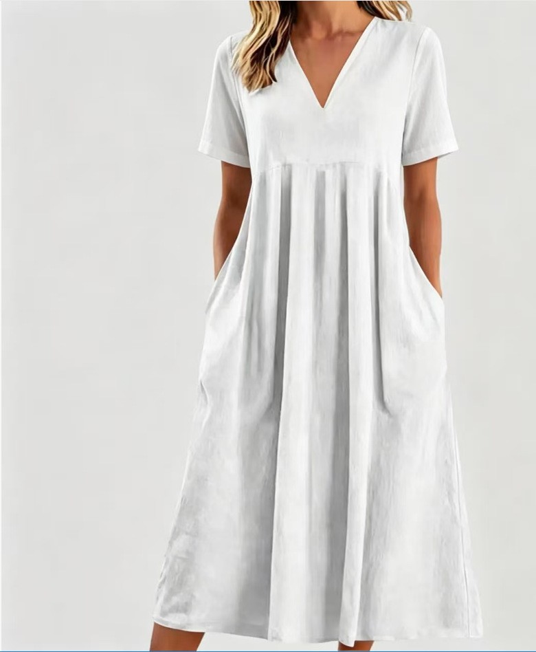 Solid V-Neck Short Sleeve Loose Casual Dress