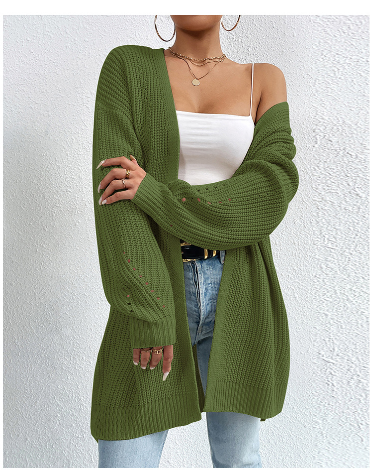 Women's Loose Mid-Length V-Neck Cardigan Sweater Coat Solid Knit