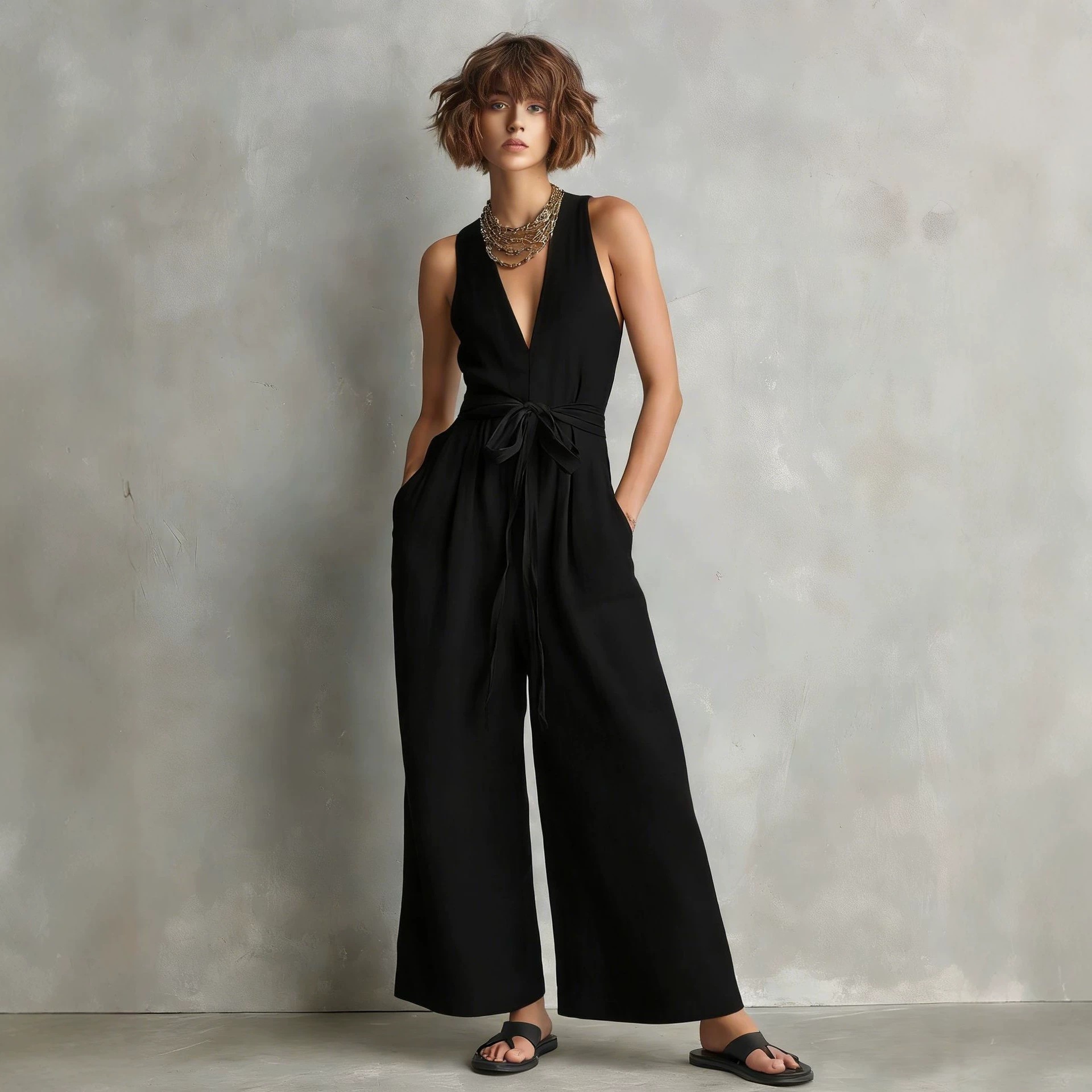 Women's Sleeveless V-Neck Jumpsuit Elegant Commuter Solid Color