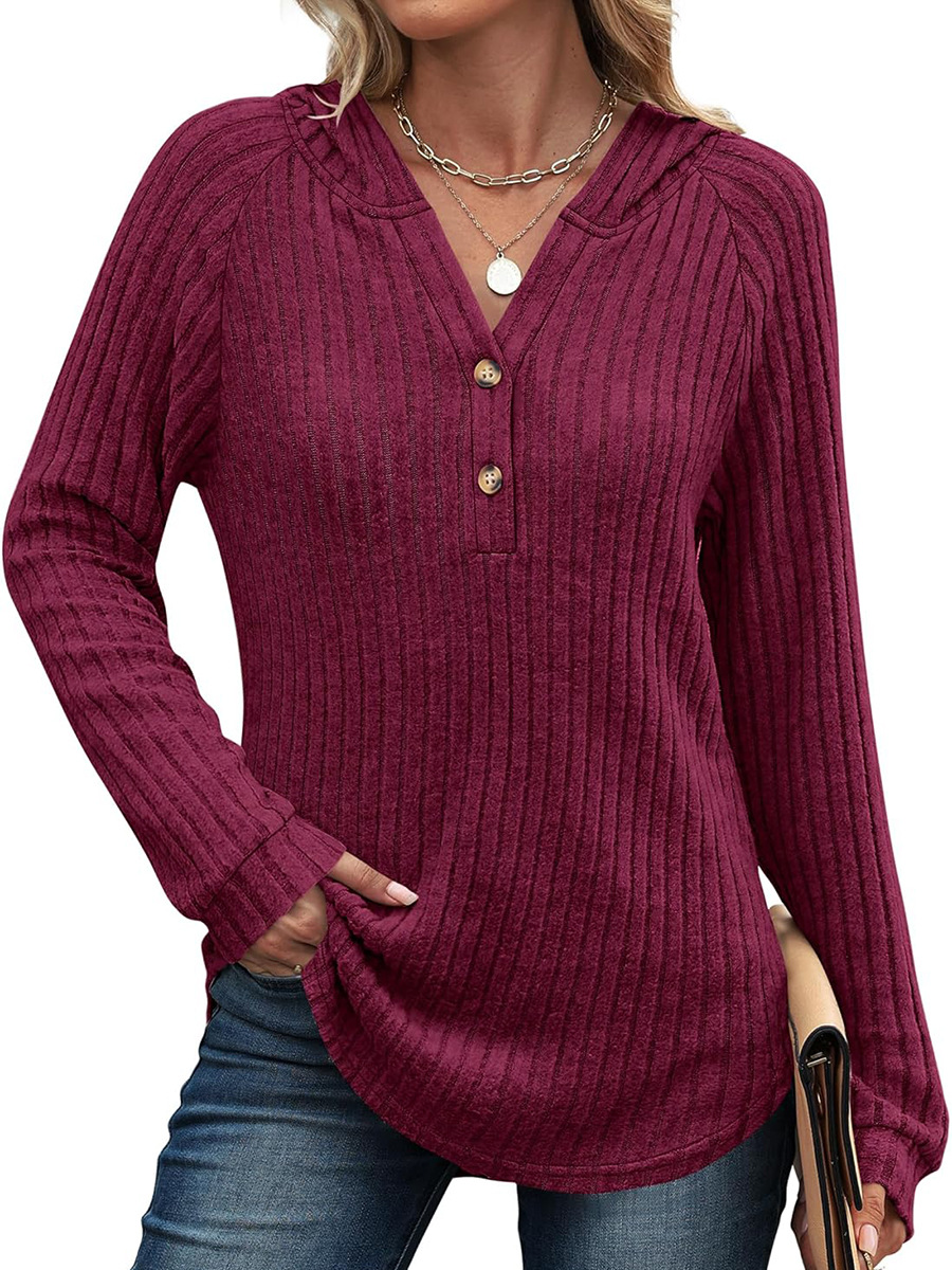 Solid V-Neck Button Loose Hooded Fleece Knit Top