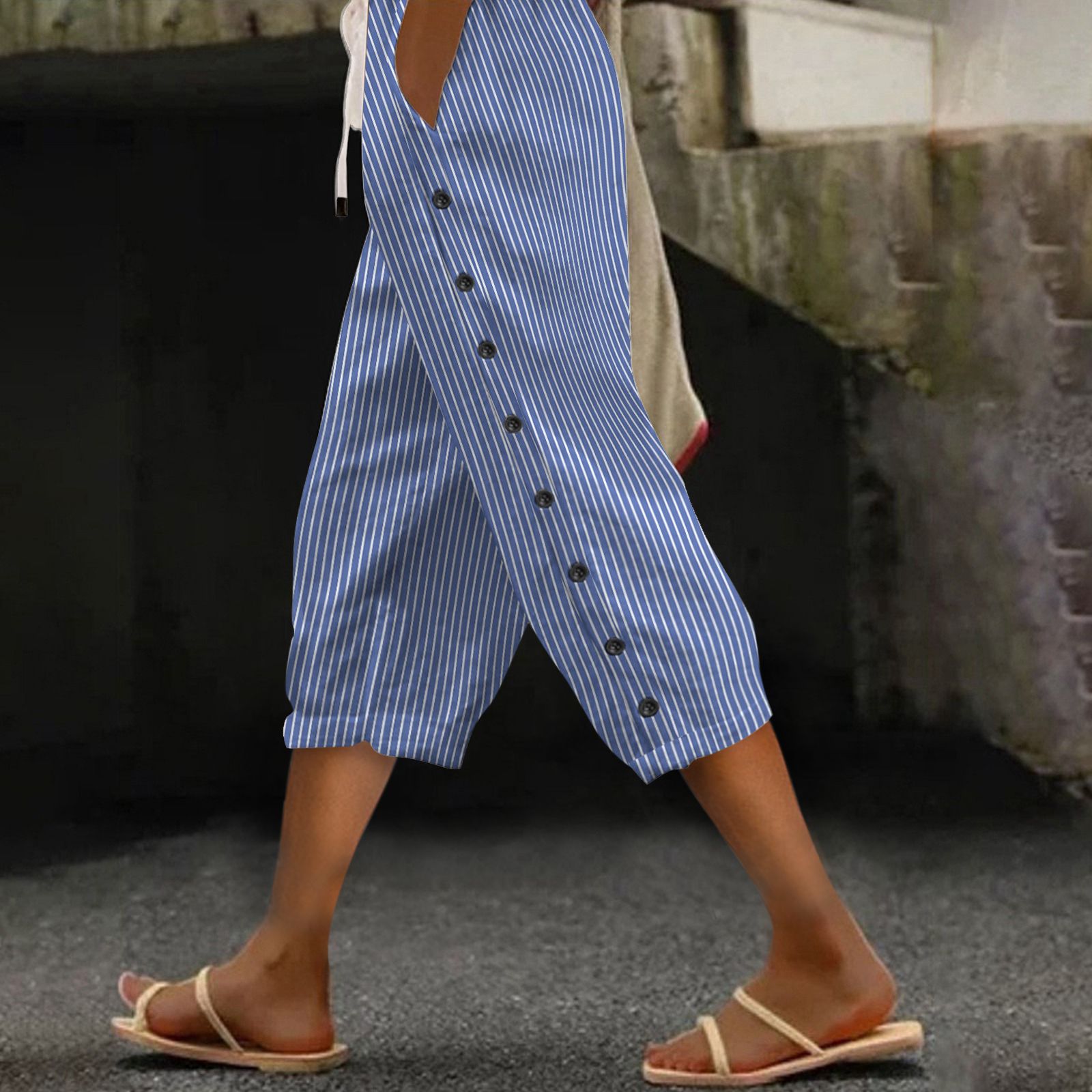 Women's Striped Side Button Wide Leg Capri Pants Elastic Waist