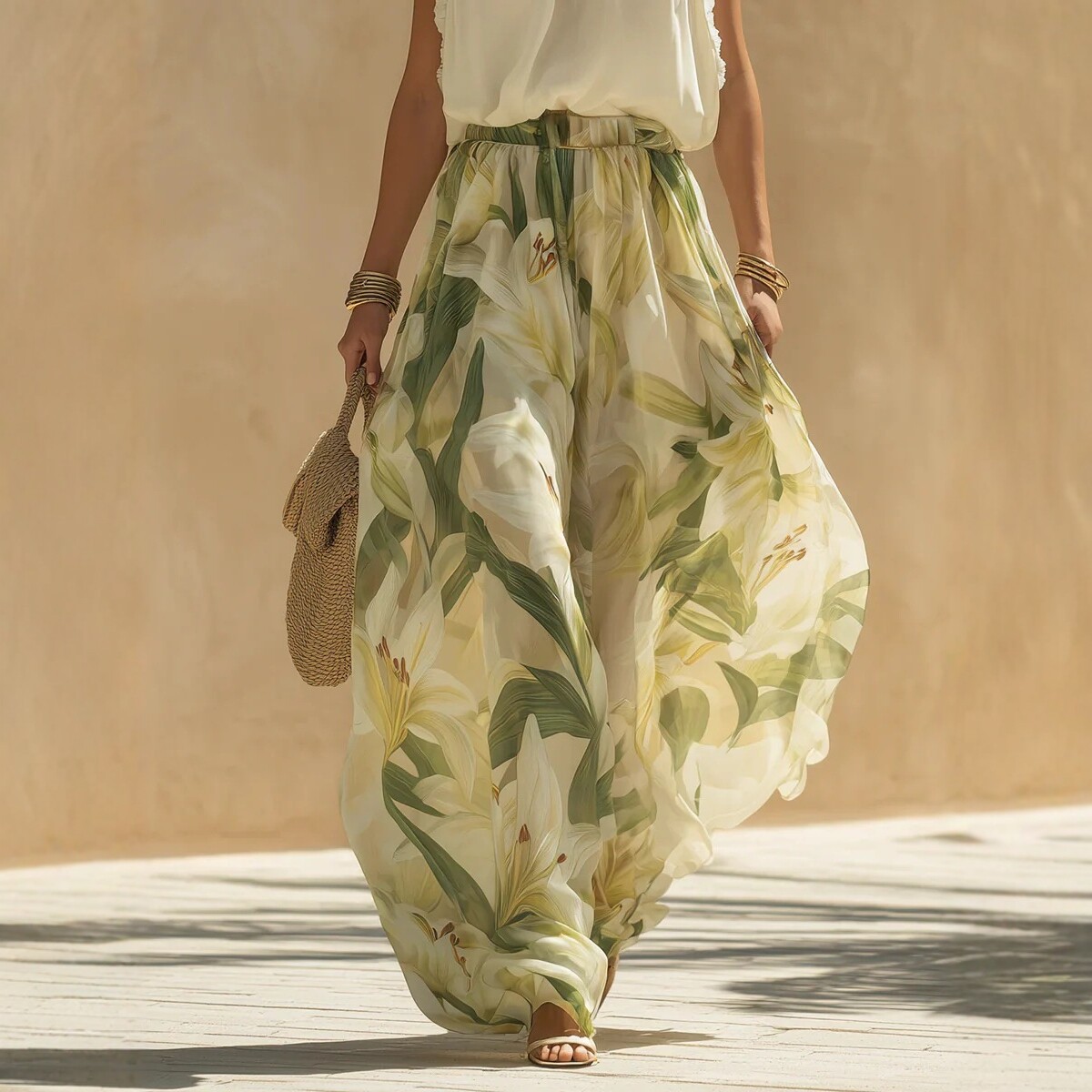 V-Neck Waist-Cinched Ruffle Midi Dress