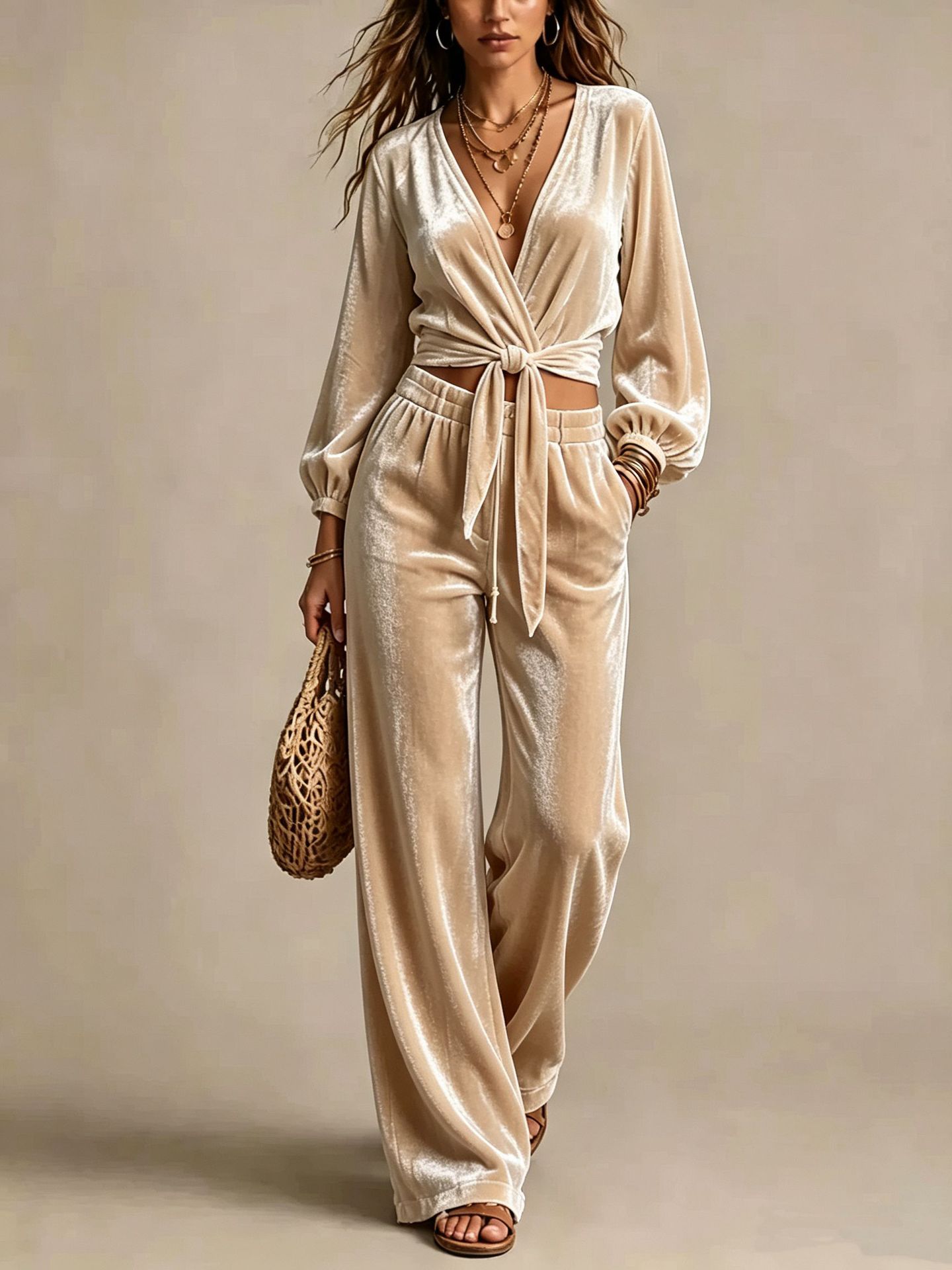 Corduroy V-Neck Cinched Waist Two-Piece Pants Set