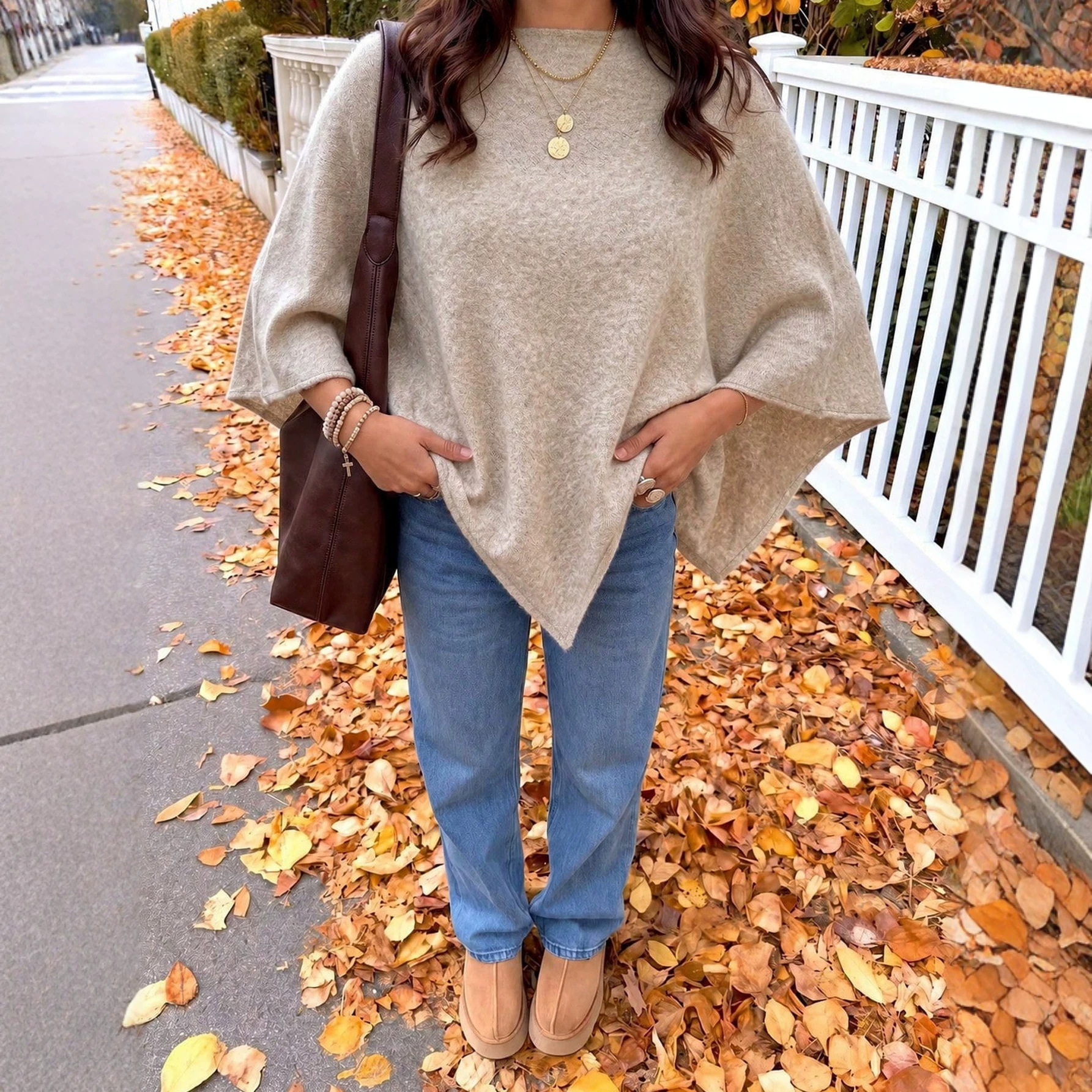 Women's Knit Poncho Sweater Loose Batwing Sleeve Pullover