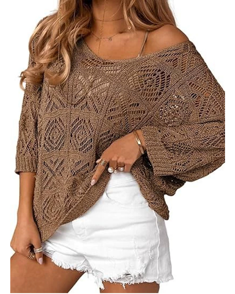 V-Neck Diamond Crochet Hollow-Out Knit Top with Dolman Sleeves