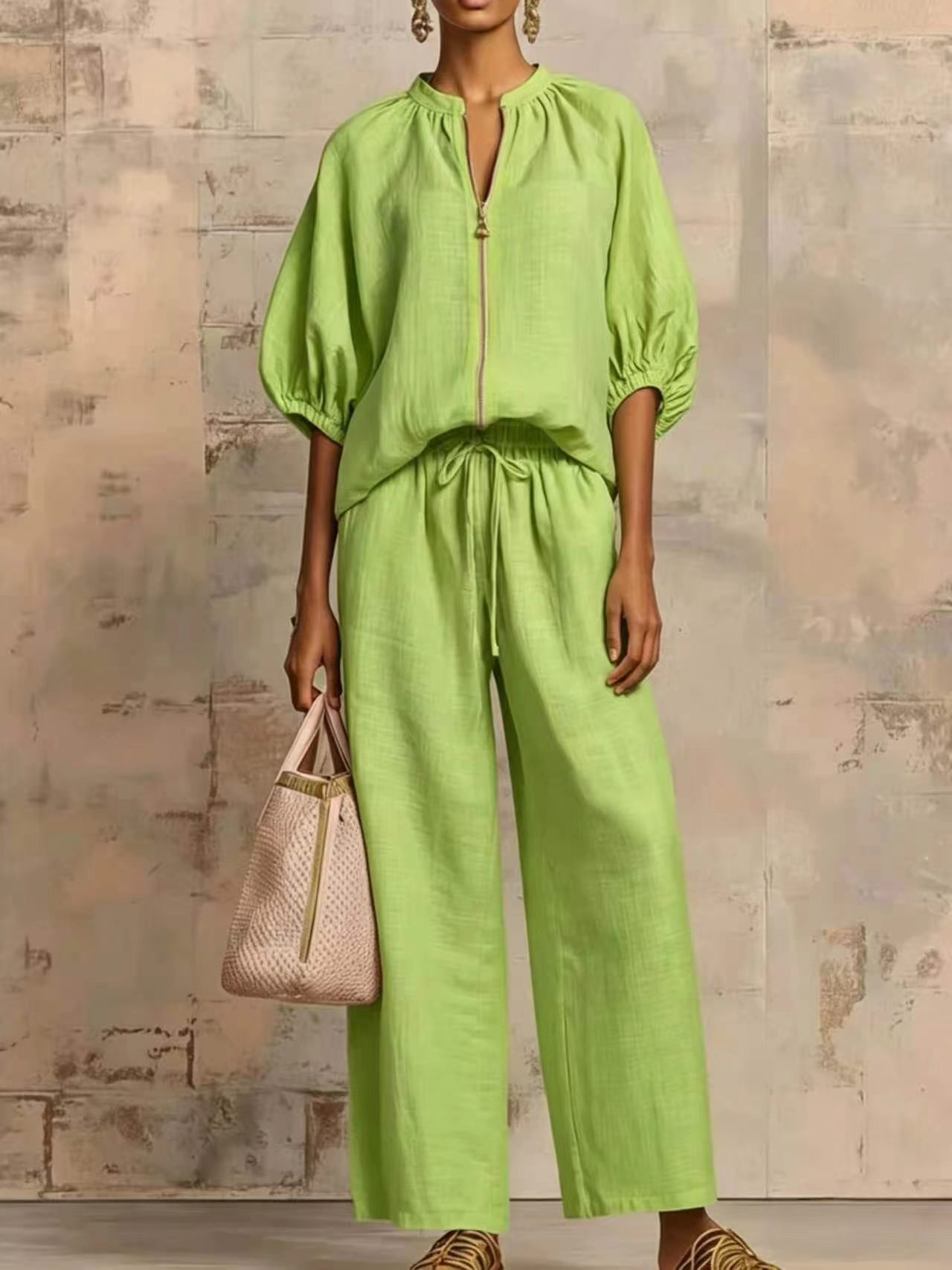 Women's Loose Casual Vacation Zip-Up Crew Neck Wide-Leg Pant Set
