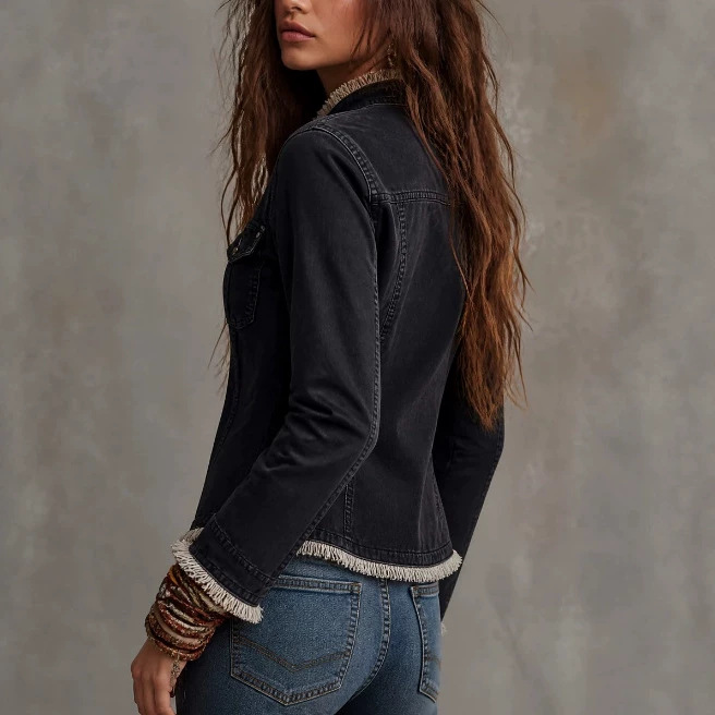 Women's Slim Fit Frayed Raw Hem Black Denim Jacket