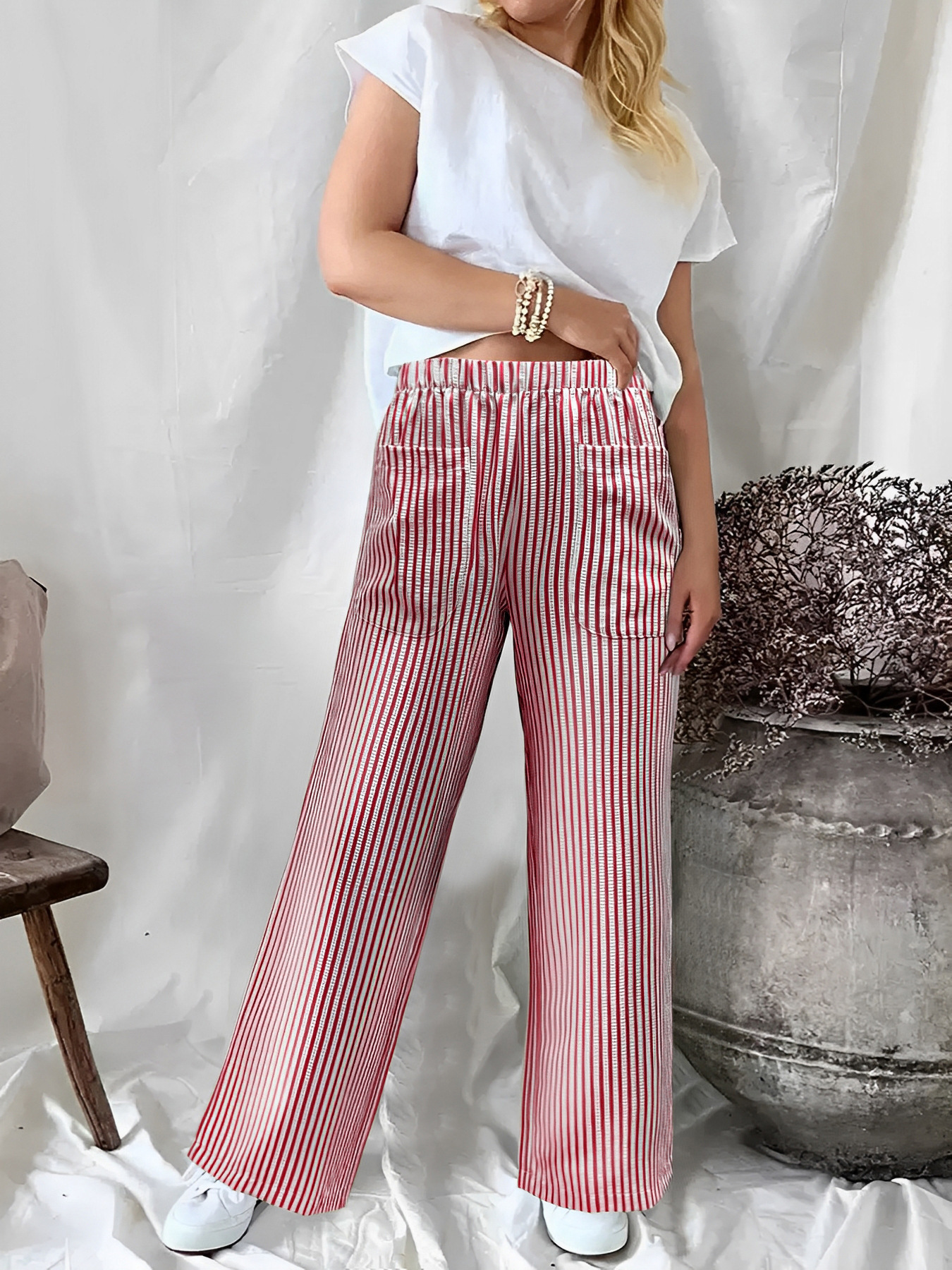 Women's Striped Wide-Leg Pants with Pockets Casual Loose Fit