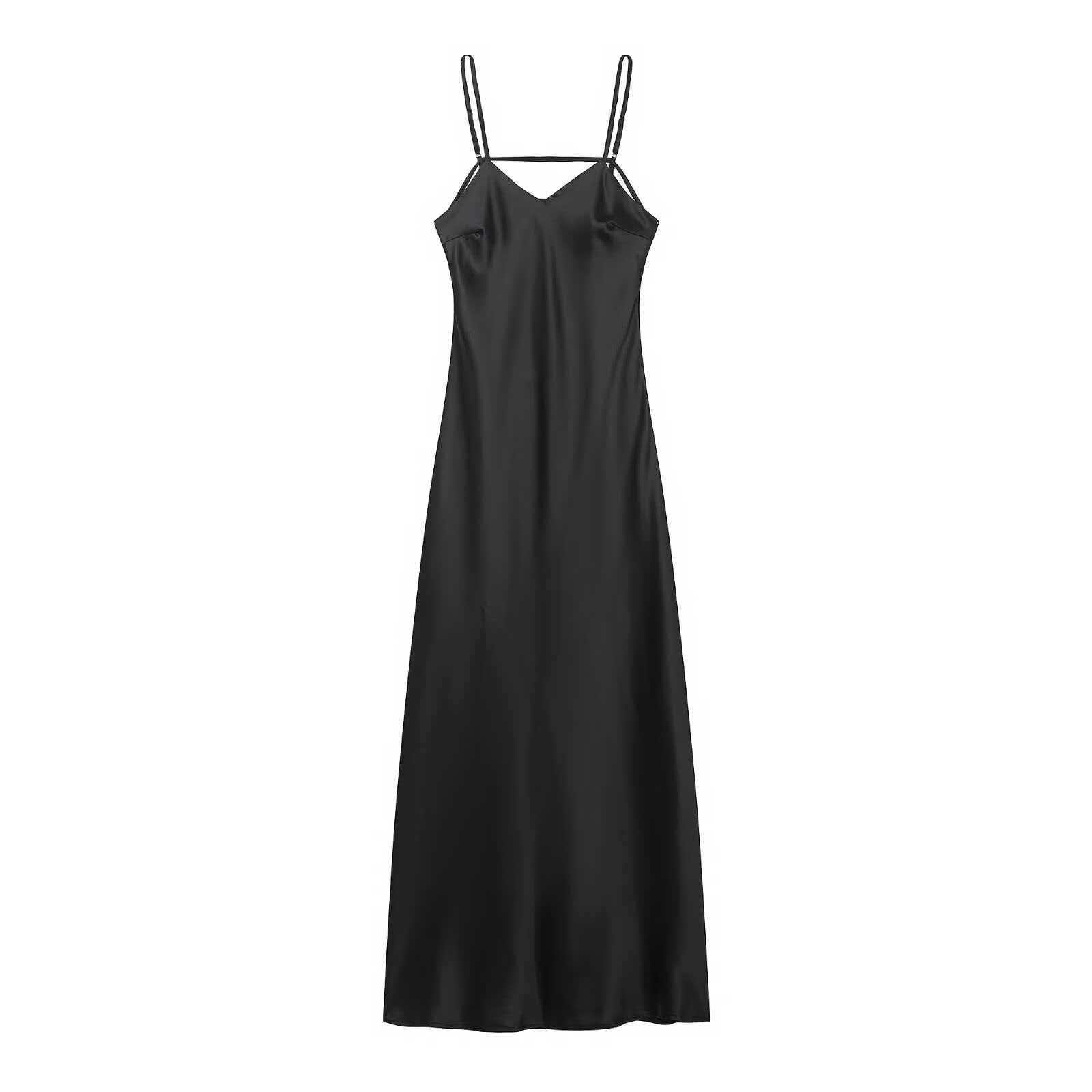 Satin-Feel Midi Cami Dress with V-Neck and Trim
